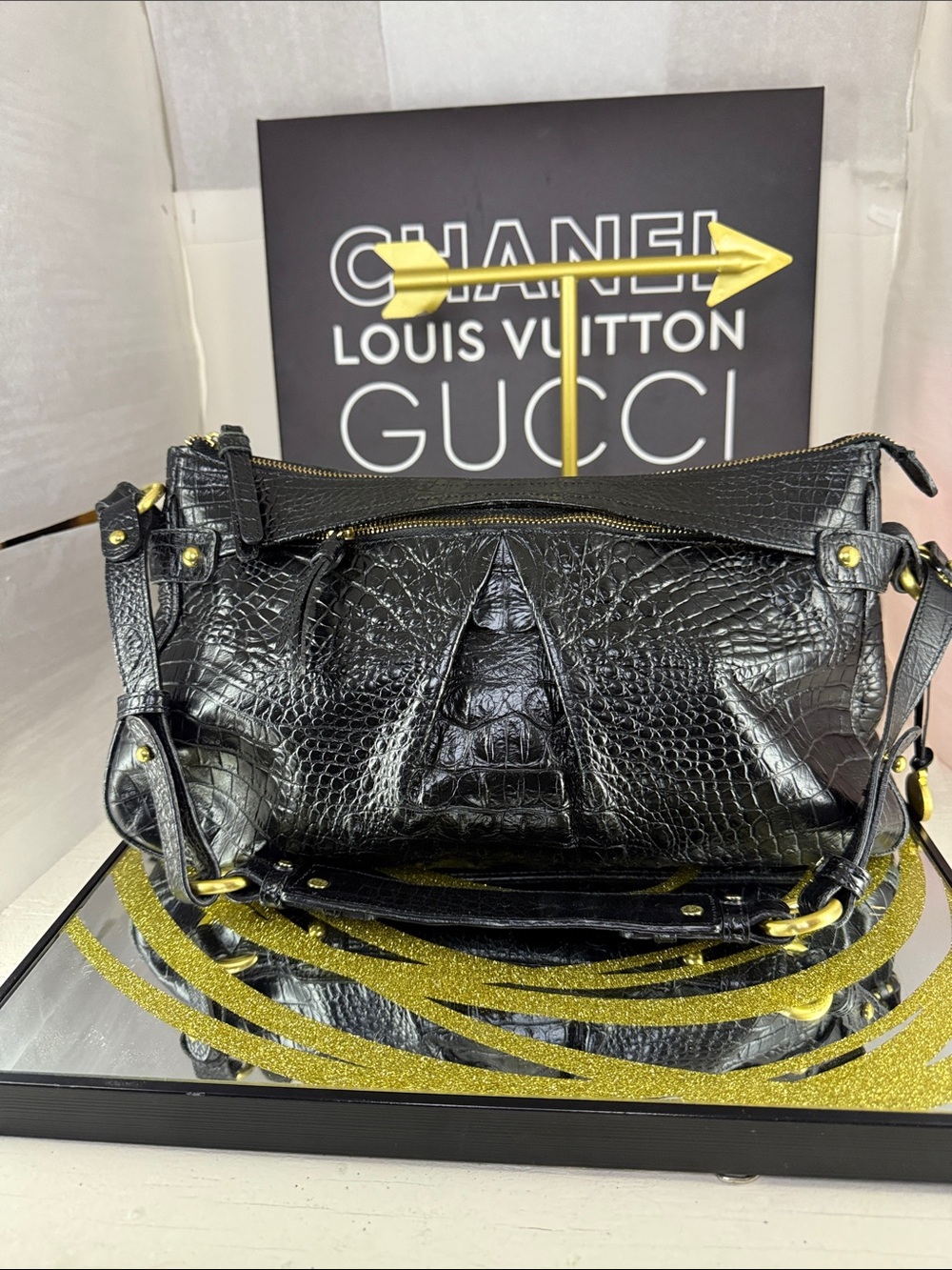 Brahmin Black Croc-Embossed Shoulder Bag with Gold Hardware Accents